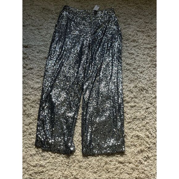 NWT Topshop Cropped Wide-Leg Sequin Pants Silver Cocktail Size 12 - Picture 11 of 13